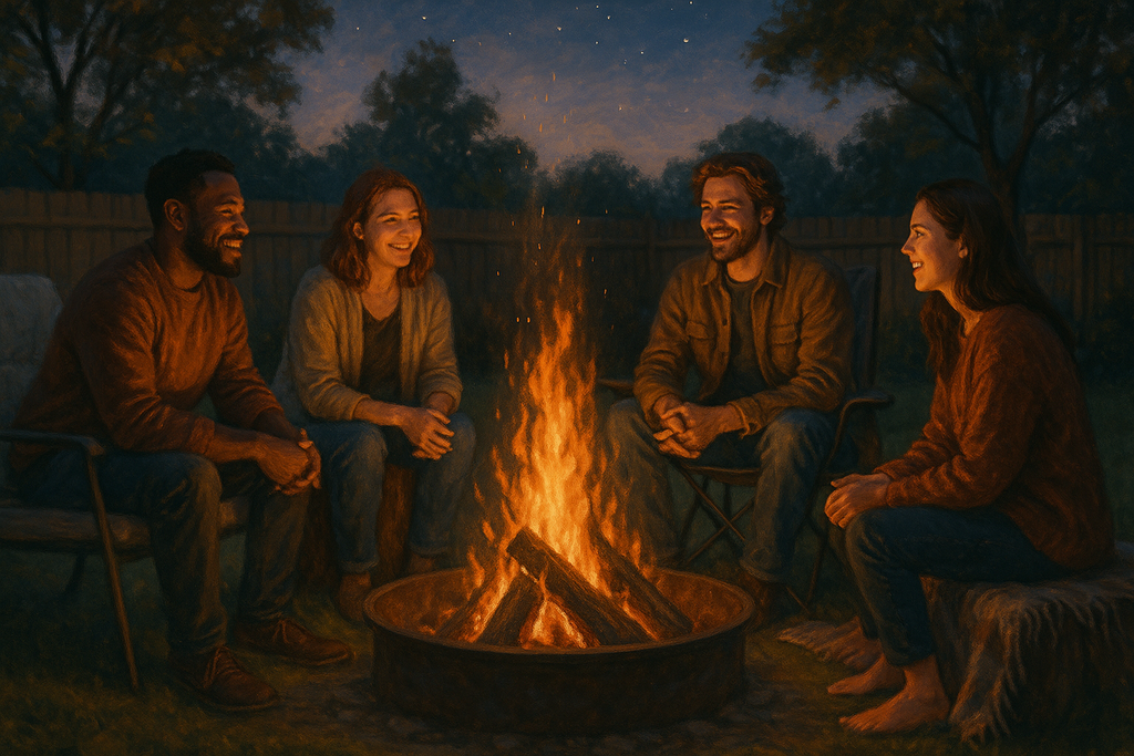 friends around a fire in the backyard