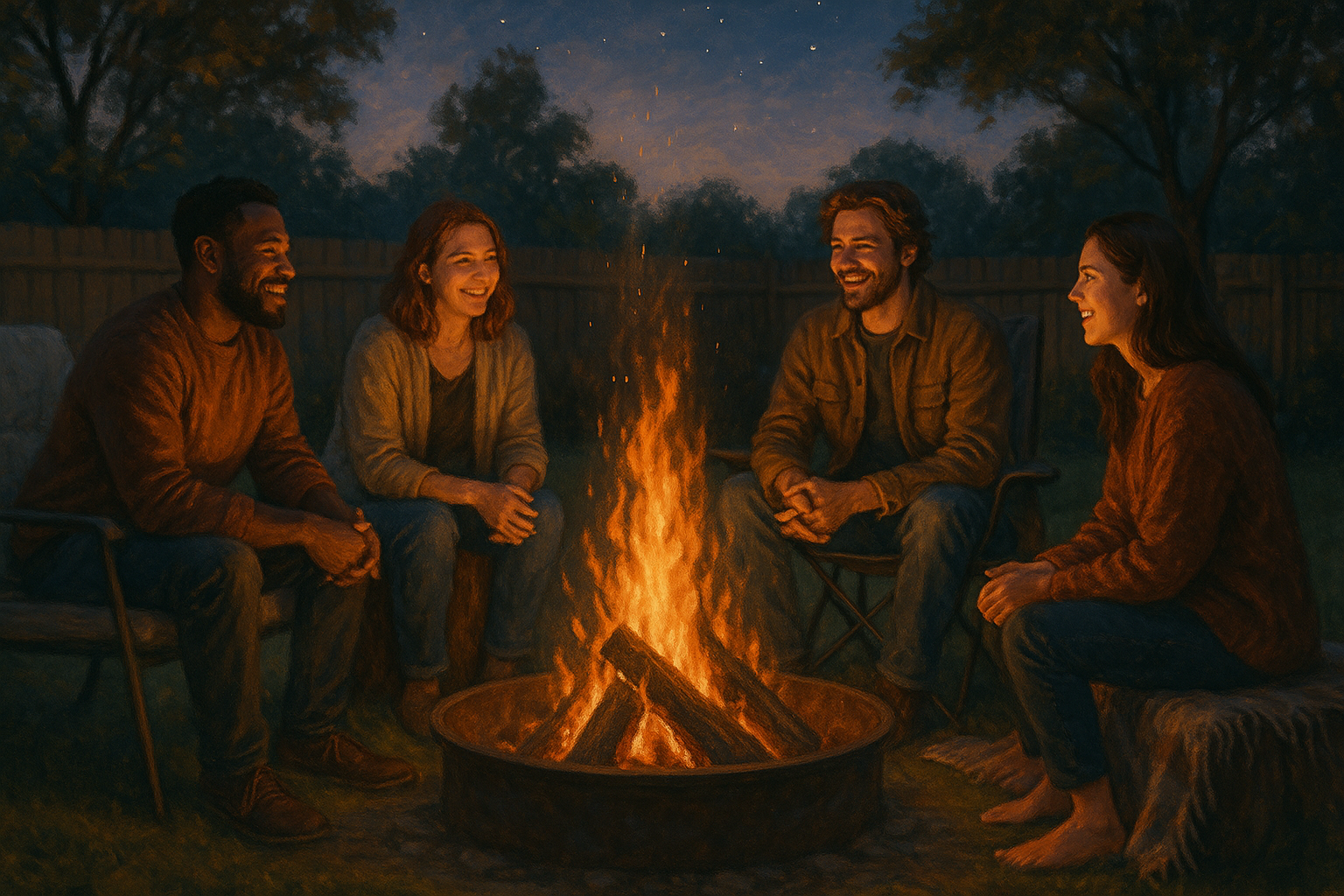 friends around a fire in the backyard