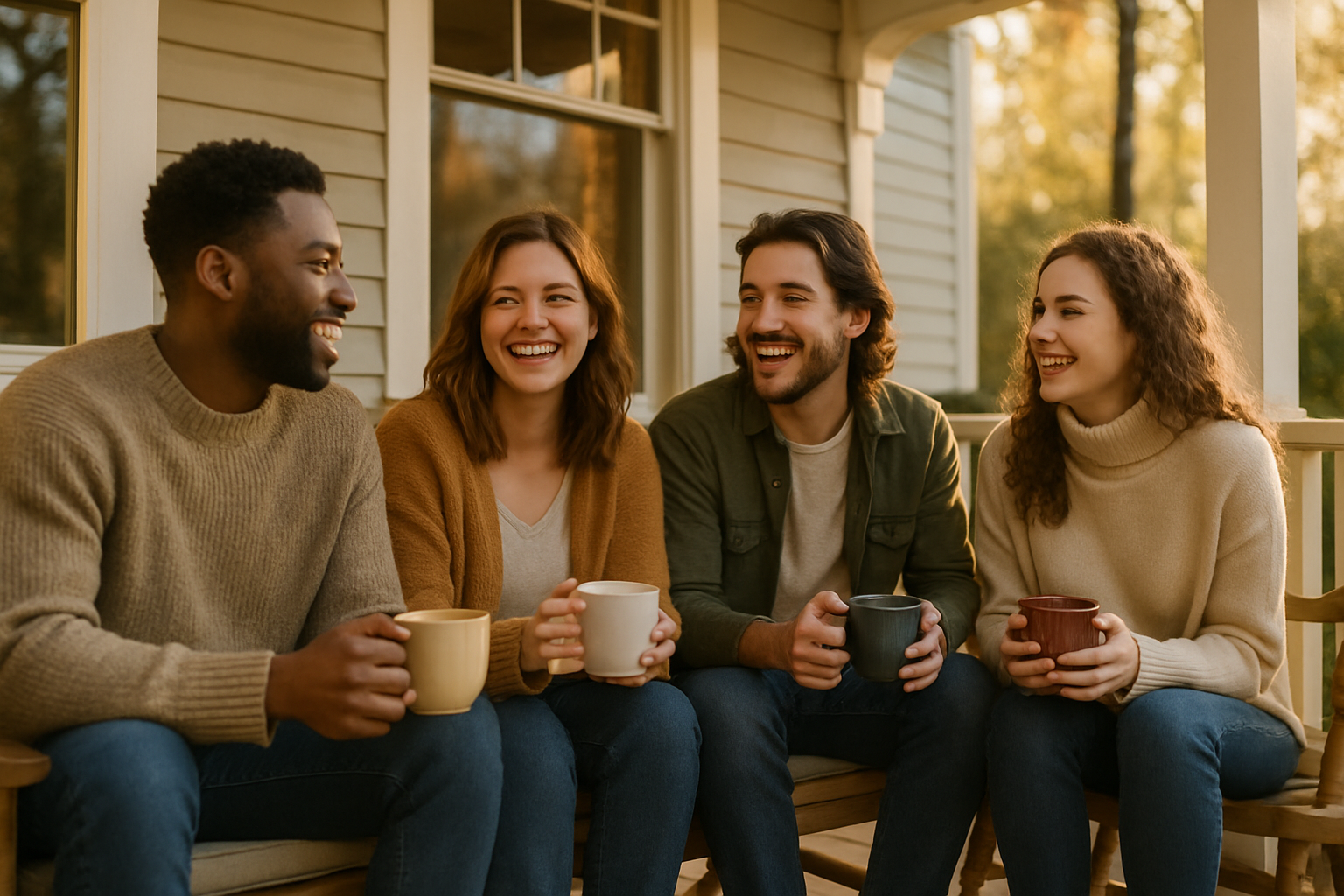Friends sitting on the porch sipping coffee